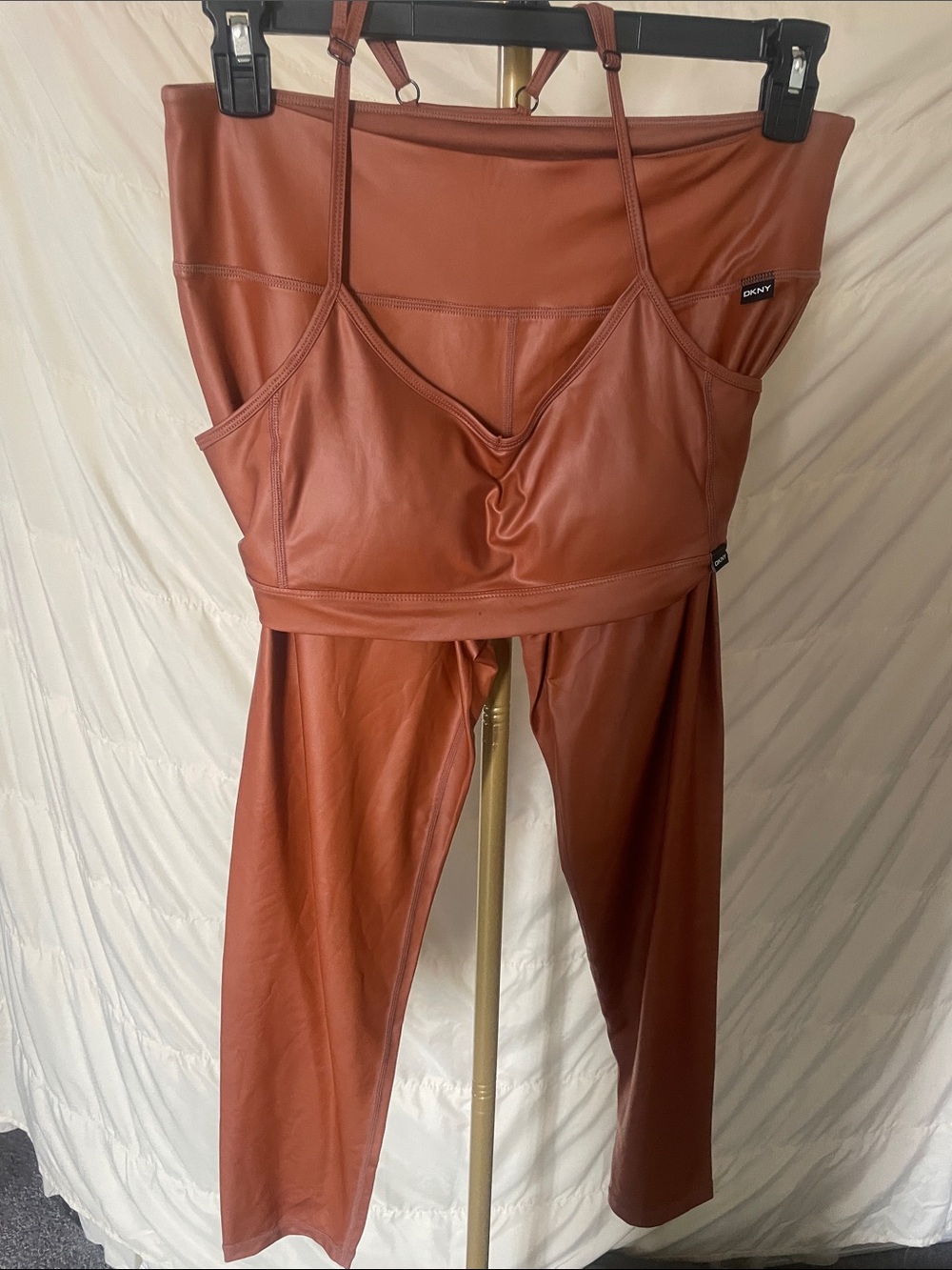 DKNY Faux Leather Leggings with Matching Crop Tank - Rust